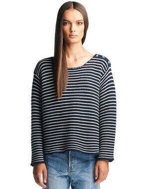 FRAME Le Boxy Crew Cotton Sweater in Navy Stripe